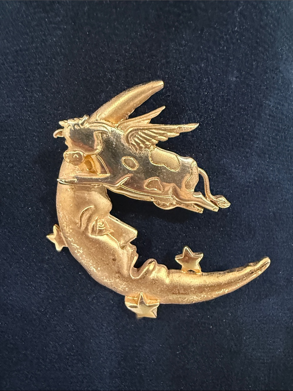 Vintage stamped - Gold Moon & Flying Cow Brooch - Women’s Gold-Tone Brooch